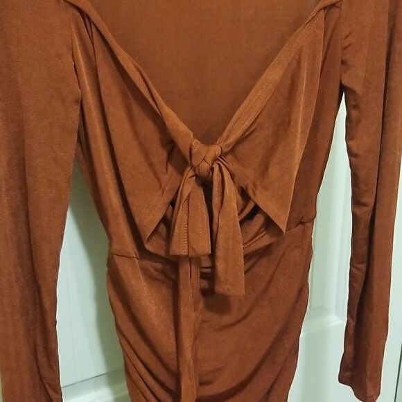 Coffee Long Sleeve Halter V-Neck Silk Bodycon Mini Dress sz Medium - Picture 7 of 14